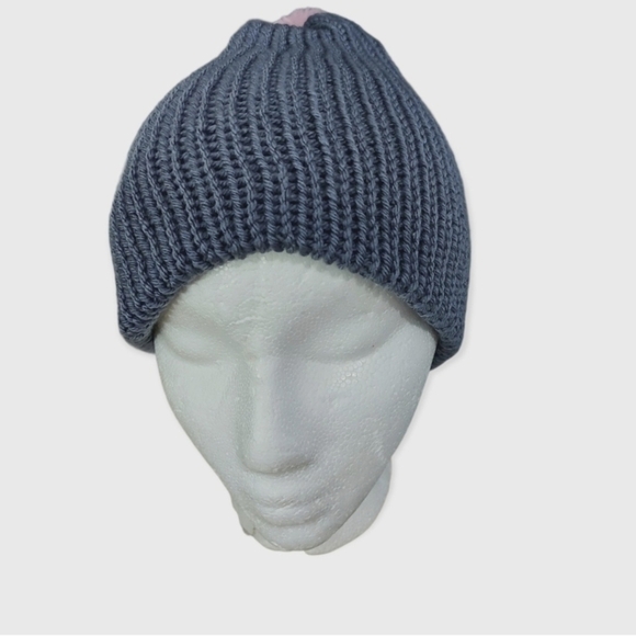 Hand Knit Grey Beanie with Pink Pom - Picture 4 of 5